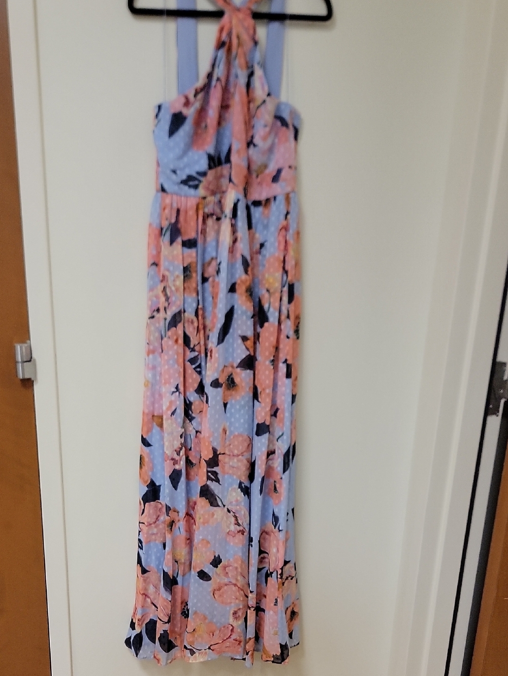 Adrianna Papell Light Blue Halter Maxi with Pink Floral Print